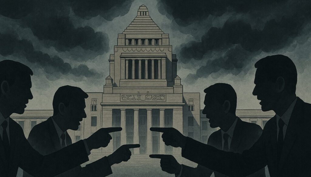 自民党総裁選前倒し議論を巡る永田町の混乱を表現したイメージ図