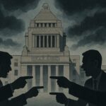 自民党総裁選前倒し議論を巡る永田町の混乱を表現したイメージ図