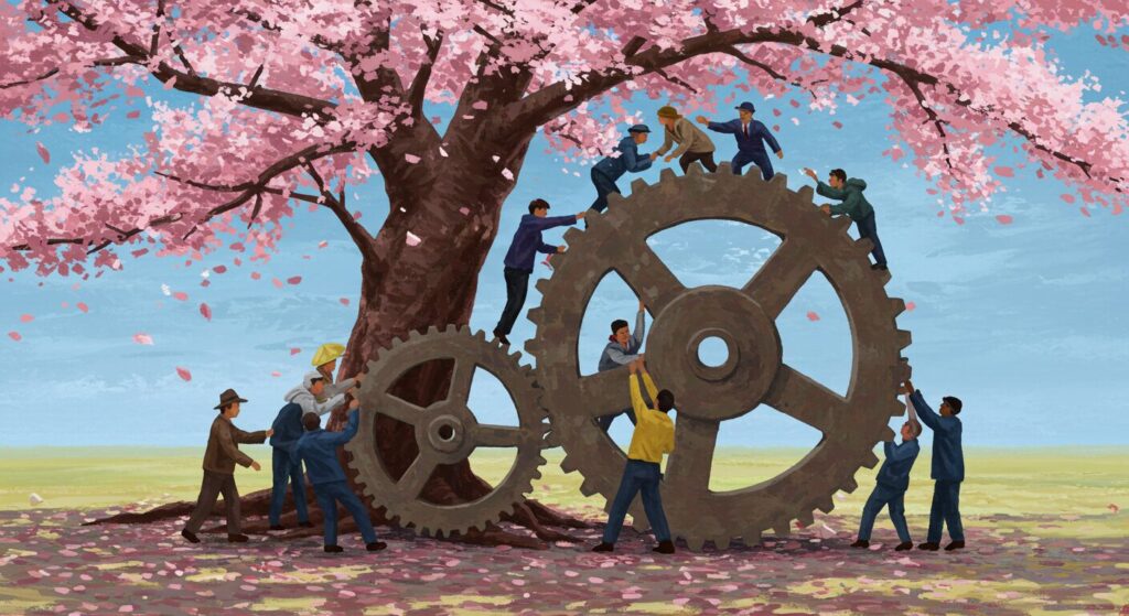 桜の木の下で、様々な国籍の人々が協力して社会という歯車を動かしているイラスト。日本の多文化共生と明るい未来を象徴している。