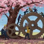 桜の木の下で、様々な国籍の人々が協力して社会という歯車を動かしているイラスト。日本の多文化共生と明るい未来を象徴している。