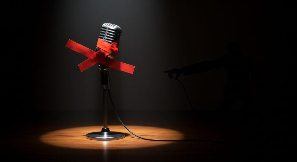 政府による言論統制を象徴する、赤いテープで口を封じられた放送用マイクのイラスト。