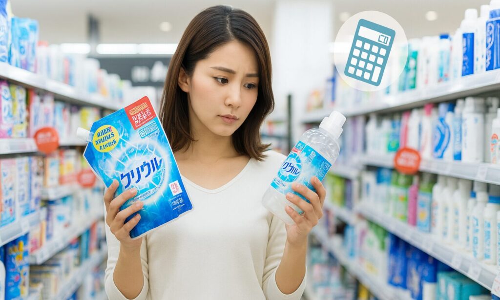 スーパーで詰め替え用商品と本体ボトルを手に持ち、価格を比較している様子の画像。賢い買い物をイメージさせる。