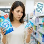 スーパーで詰め替え用商品と本体ボトルを手に持ち、価格を比較している様子の画像。賢い買い物をイメージさせる。
