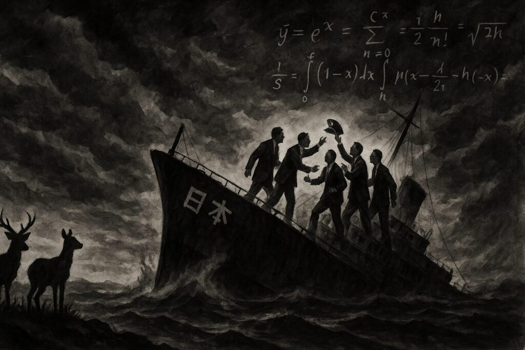 沈みゆく船の上で船長の座を争う5人の政治家たちと、岸から見守る鹿、空に浮かぶ数式を描いた風刺画