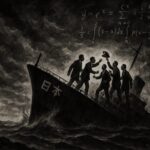 沈みゆく船の上で船長の座を争う5人の政治家たちと、岸から見守る鹿、空に浮かぶ数式を描いた風刺画