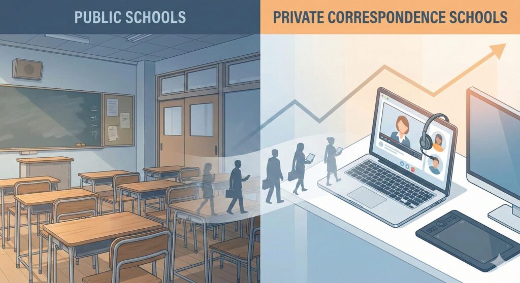 公立学校の教室から私立通信制のデジタル環境へ教員が移動していく様子を表すイラストと上昇するグラフ