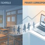 公立学校の教室から私立通信制のデジタル環境へ教員が移動していく様子を表すイラストと上昇するグラフ