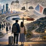 人口減少と将来不安をテーマに、都市へ向かう道と衰退する地方の風景を対比した論説風イラスト。