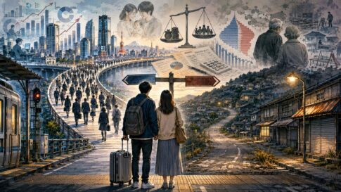 人口減少と将来不安をテーマに、都市へ向かう道と衰退する地方の風景を対比した論説風イラスト。